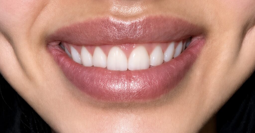 Close-up of a smiling mouth with pink lips and white teeth visible in the grin.