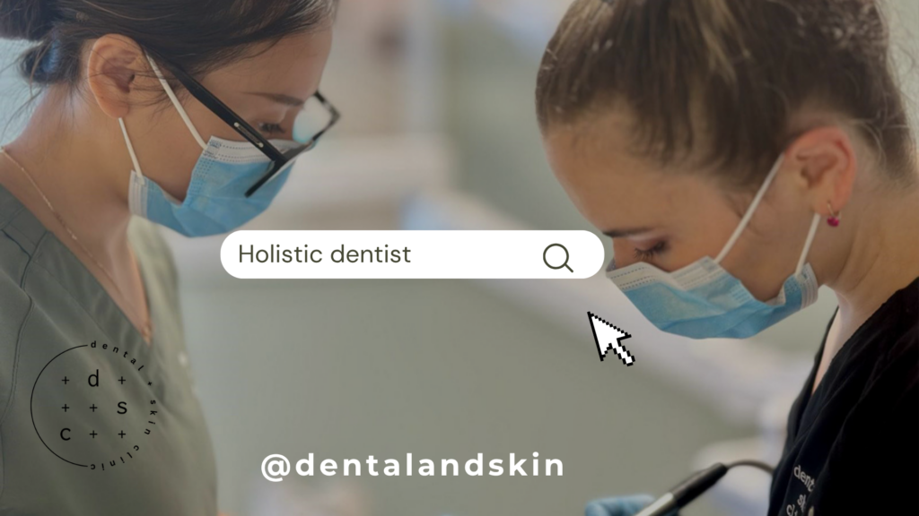Dental clinic scene with two masked clinicians; overlaid text reads 'Holistic dentist' with a search icon and the handle @dentalandskin (branding banner).] ,
