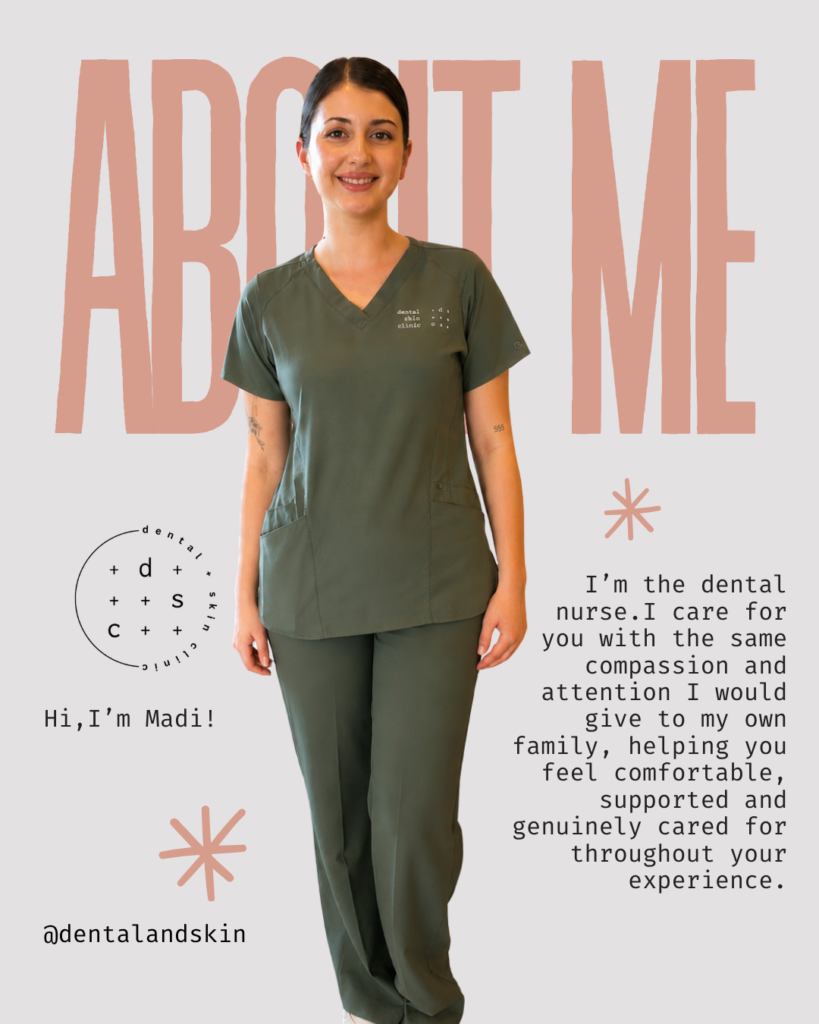 Smiling dental nurse in green scrubs stands in front of a pale background with oversized peach letters reading ADD ME, introducing Madi and the handle @dentalandskin.