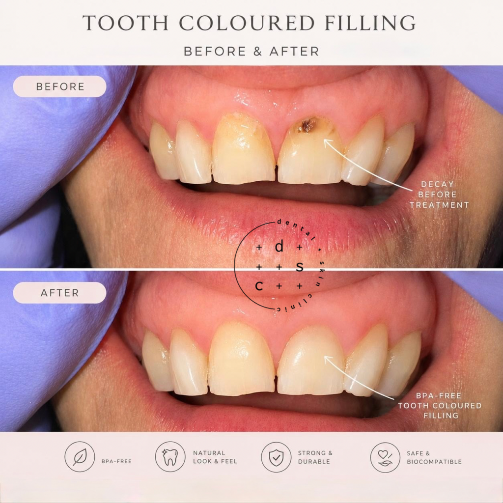 Before-and-after dental treatment: decayed front tooth filled with a natural-looking tooth-colored filling (after image shown).